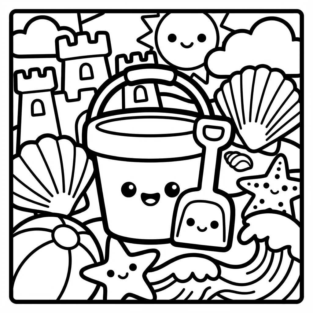 Smiling beach bucket and shovel surrounded by shells and a castle, ideal for easy bold coloring pages and big spaces coloring.